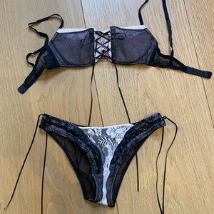 La Perla Black/Pink Lace-Up Bra and Matching Brief